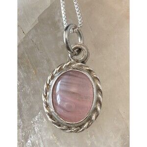 Vintage Mexico Pink Striped Glass Sterling Silver 925 Pendant 18'' Necklace‎ 3g